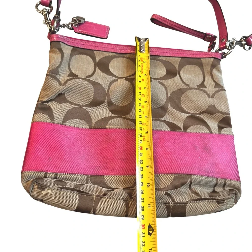 Coach Signature File Bag Pink Stripe Jacquard Crossbody F13674 Brown‎ Khaki